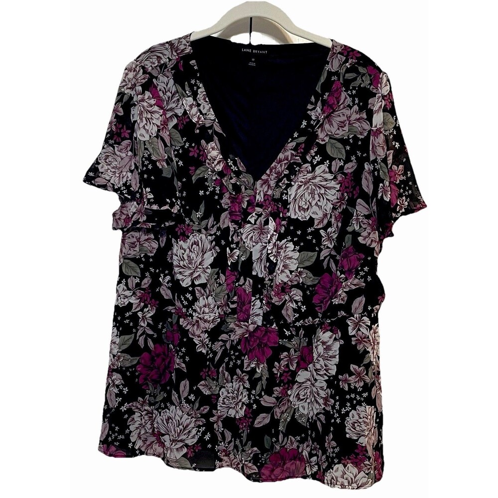 Lane Bryant Black Floral Multi Color V Neck Stretch Pullover Blouse Top Size 18